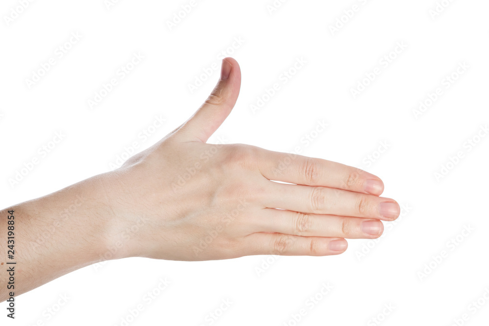 Woman hand show direction gesture, open hand isokated on a white background Woman hand show direction gesture, open hand isokated on a white background