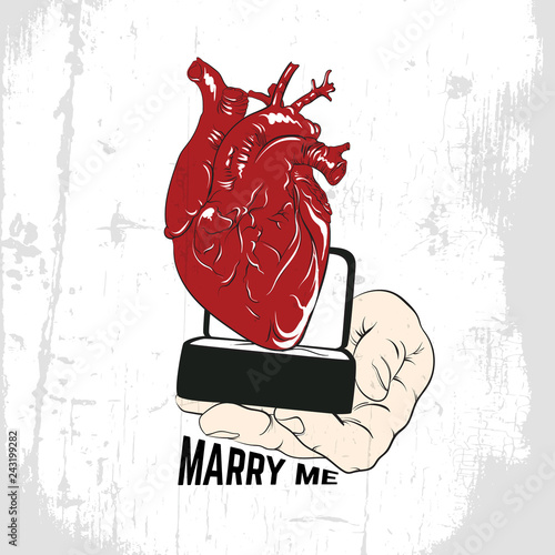 Marry me. Quote typographical background with illustration of hand  and human heart in cartoon hand drawn style. Vector template for poster card badge and banner.