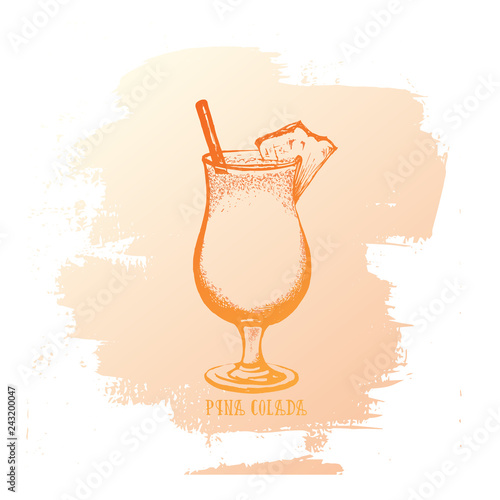 Vector illustration of alcoholic cocktail. Hand drawn sketch of  pina colada  with slice of pineapple. Bar menu design. Cocktail party icon. Template for card and poster
