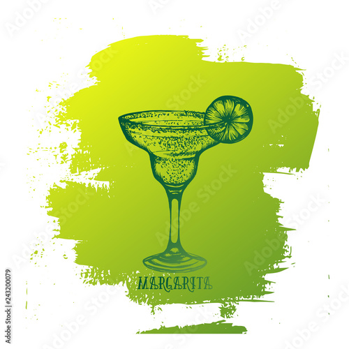 Vector illustration of alcoholic cocktail. Hand drawn sketch of margarita  with slice of lime . Bar menu design. Cocktail party icon. Template for card and poster