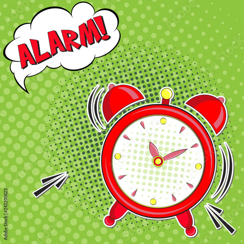 Wake up!! Lettering  cartoon vector illustration with alarm clock on green background. Pop art style