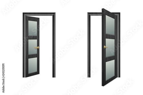 Vector Realistic Different Opened and Closed Black Wooden Door Icon Set Closeup Isolated on Brown Background. Elements of Architecture. Design template of Classic Home Door for Graphics. Front View