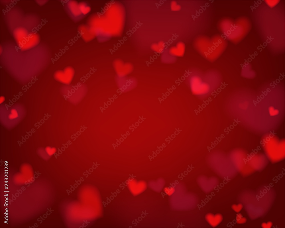 Valentine red heart bokeh background in vector illustration. Concept design for greeting card, banner, template for Valentine or love event