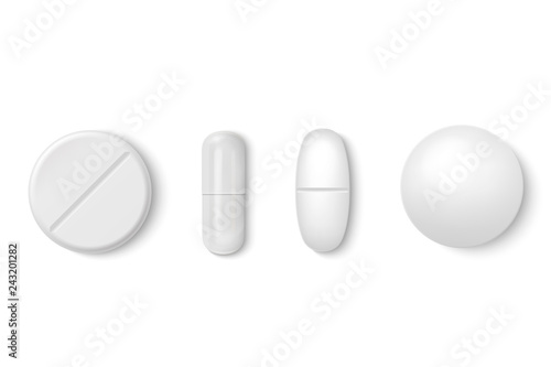 Vector 3d Realistic White Medical Pill Icon Set Closeup Isolated on White Background. Design template of Pills, Capsules for graphics, Mockup. Medical and Healthcare Concept. Top View