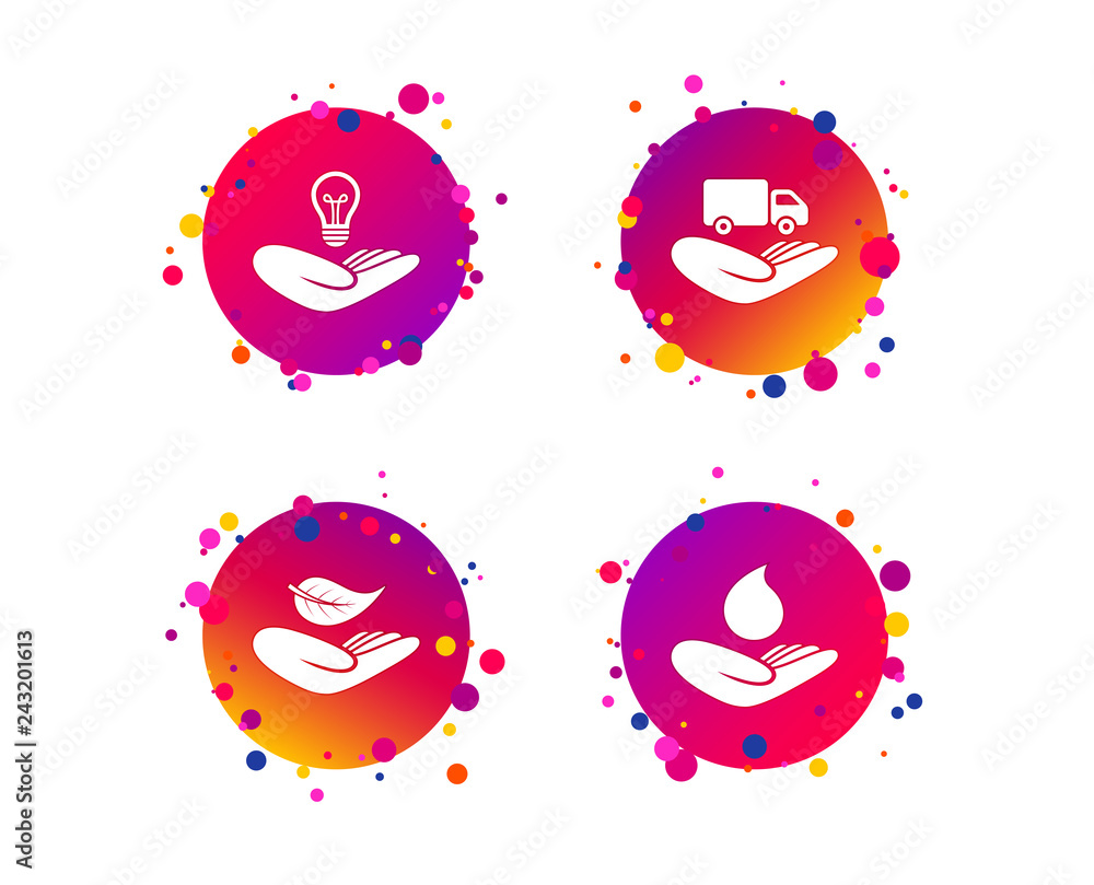 Helping hands icons. Intellectual property insurance symbol. Delivery truck sign. Save nature leaf and water drop. Gradient circle buttons with icons. Random dots design. Vector