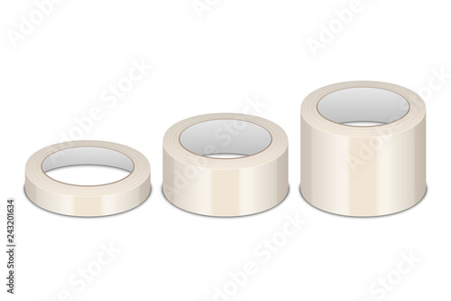 Vector Realistic 3d GlossyTape Roll Different Size - Small, Medium, Big - Set or Mock-up Closeup Isolated. Design Template of Packaging Sticky Tape Roll or Adhesive Tape for Mockup. Front View