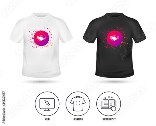 T-shirt mock up template. Handshake sign icon. Successful business symbol. Realistic shirt mockup design. Printing, typography icon. Vector