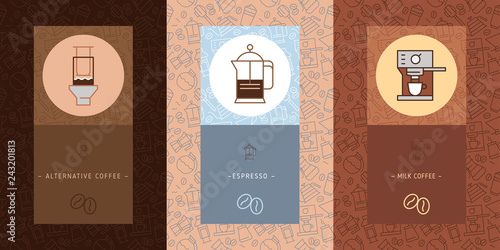 Coffee vector seamless pattern with trendy thin line icons and alternative coffee brewing, vector coffee shop background with linear icons set.