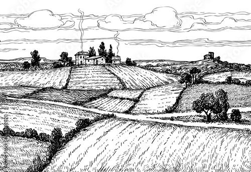Hand drawn ink sketch rural landscape.