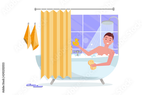 Young man taking bathtub with bubble foam. Bathroom home interior with bath in tile with shower curtain. Guy holding washcloth on white background. personal hygiene. Flat cartoon vector illustration