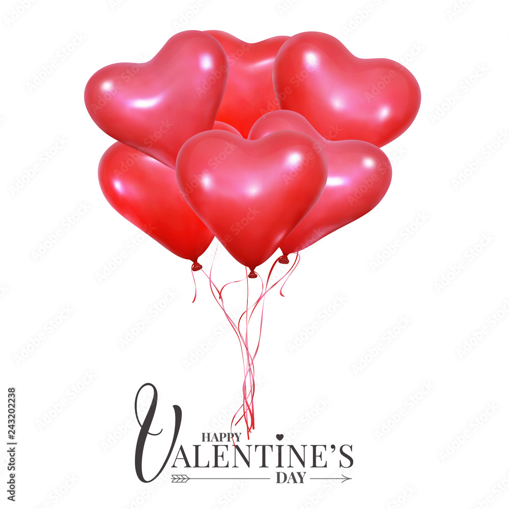 Bunch of realistic red balloons of heart shape. Valentines day holiday decorations.