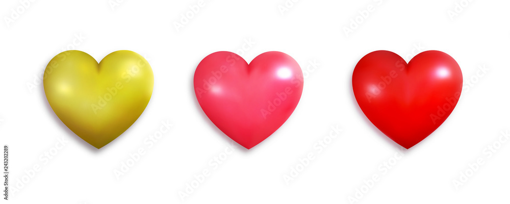 Valentines Day realistic colorful hearts. Shiny hearts decorations.
