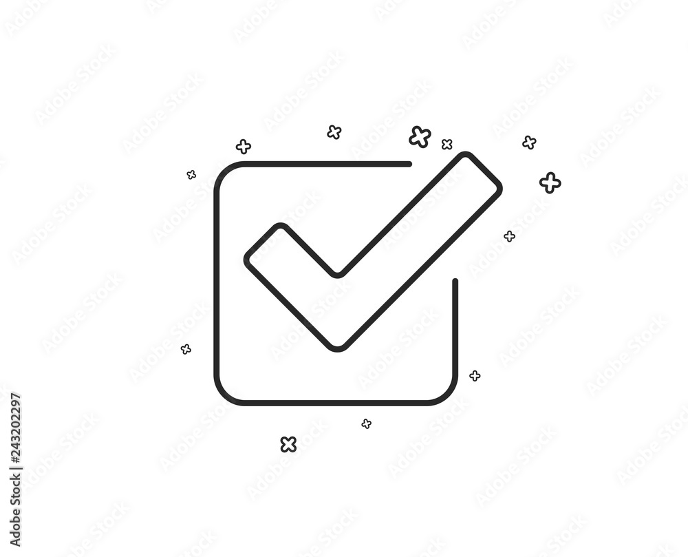 Check line icon. Approved Tick sign. Confirm, Done or Accept symbol. Geometric shapes. Random cross elements. Linear Checkbox icon design. Vector Check line icon. Approved Tick sign. Confirm, Done or Accept symbol. Geometric shapes. Random cross elements. Linear Checkbox icon design. Vector