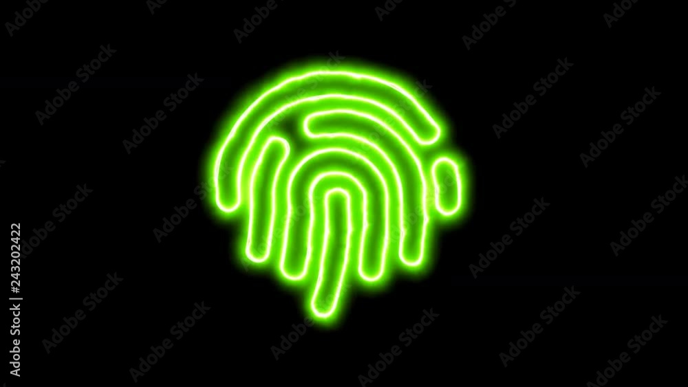 The appearance of the green neon symbol fingerprint. Flicker, In - Out. Alpha channel Premultiplied - Matted with color black The appearance of the green neon symbol fingerprint. Flicker, In - Out. Alpha channel Premultiplied - Matted with color black