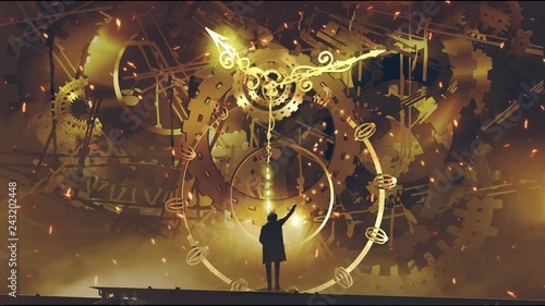 man with a lantern standing in front of the big golden clockwork, motion painting