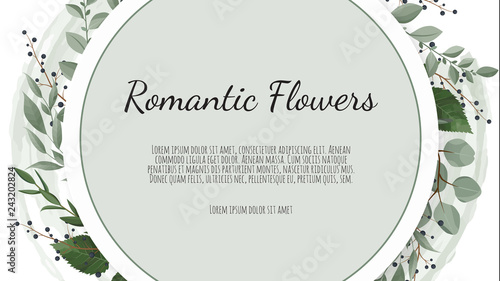 Frame border background. Floral wedding card with rose, anemone and eucalyptus branch.