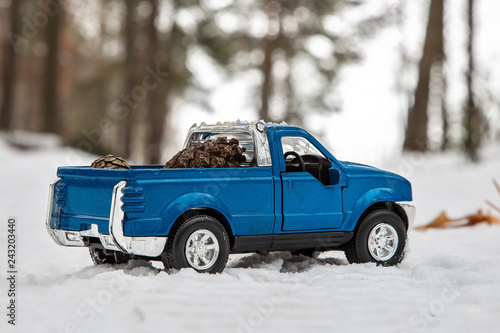 A toy. Blue pickup truck in winter forest on the road. Carrying fir cones in the back of a car body.