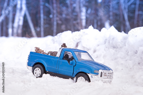 A toy. Blue pickup truck in winter forest in snowdrift. Carrying fir cones in the back of a car body. © Dmitry Dven