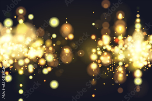 Golden bokeh sparkle glitter lights background. Abstract defocused circular party magic christmas background. Elegant, shiny, metallic gold background. EPS 10. photo