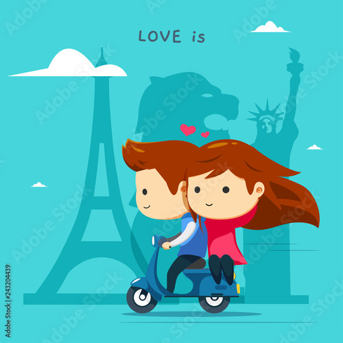 A boy is riding a blue scooter with his girl