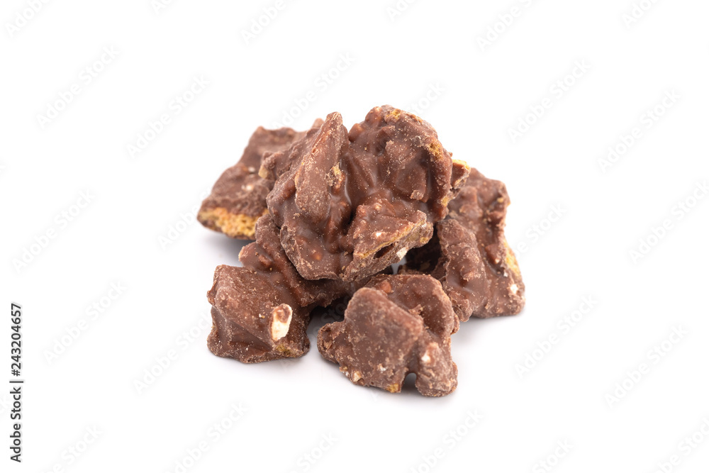 Piece of Chocolate Covered Cereal on a White Background