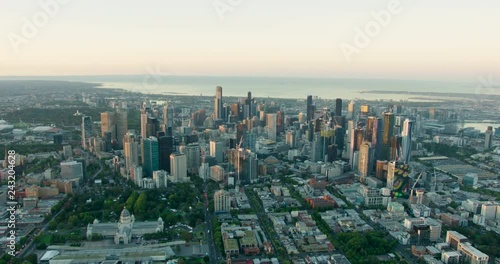 Aerial view morning sunrise on Melbourne CBD skyscrapers photo