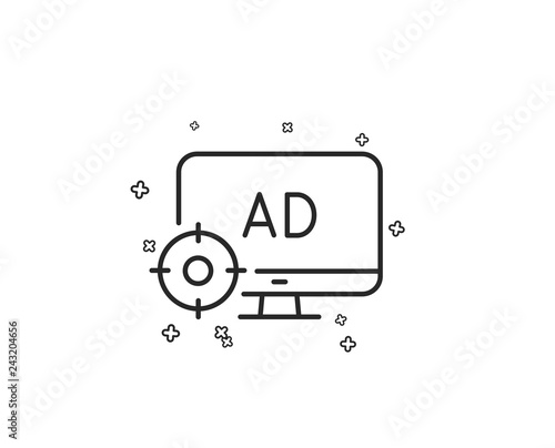 Seo adblock line icon. Search engine optimization sign. Target symbol. Geometric shapes. Random cross elements. Linear Seo adblock icon design. Vector