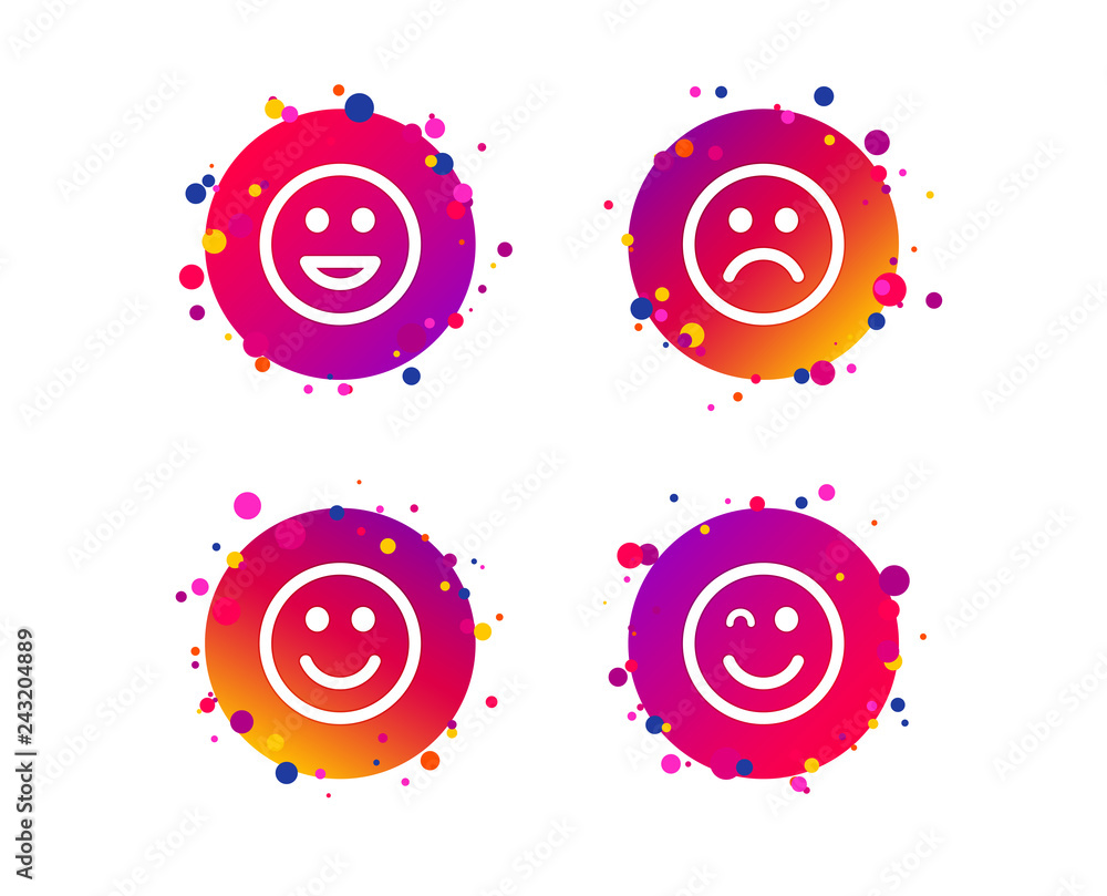 Fototapeta premium Smile icons. Happy, sad and wink faces symbol. Laughing lol smiley signs. Gradient circle buttons with icons. Random dots design. Vector