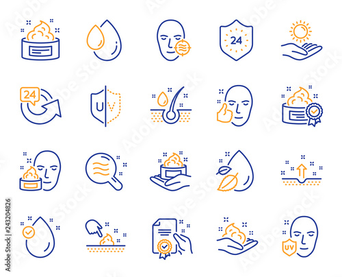 Skin care cosmetic line icons. Cream, Serum drop and Face gel or lotion icons. Uv protection. Oil, Vitamin E and Collagen symbols. 24 hour face care cream protection. Medical skin cosmetic. Vector