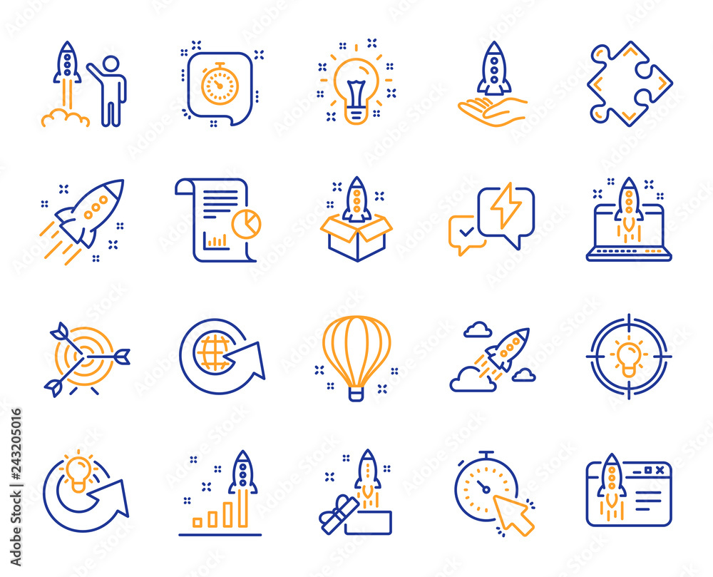 Fototapeta premium Startup line icons. Launch Project, Business report, Target icons. Strategy, Development plan, Startup space rocket. Air balloon, Out of the Box strategy and Business innovation report. Vector