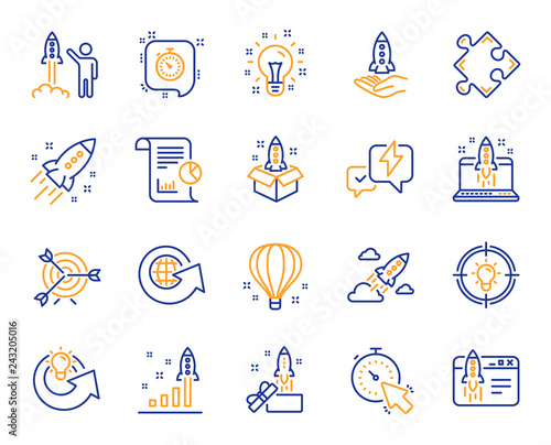 Startup line icons. Launch Project, Business report, Target icons. Strategy, Development plan, Startup space rocket. Air balloon, Out of the Box strategy and Business innovation report. Vector