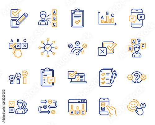 Survey or Report line icons. Opinion, Customer satisfaction feedback and Test survey icons. Checklist review, Quiz and Business report symbols. Evaluation quiz, Feedback chart, Management. Vector