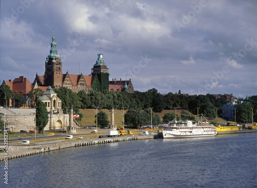 Odra river and Waly Chrobrego street, Szczecin, Poland