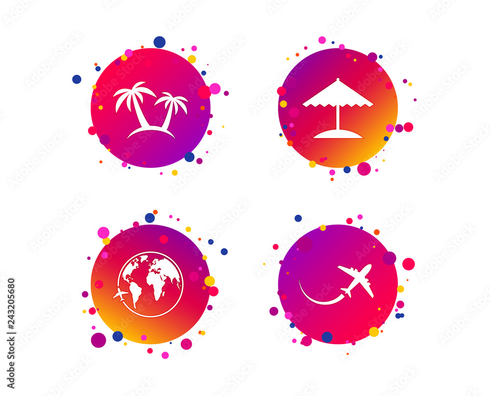 Travel trip icon. Airplane, world globe symbols. Palm tree and Beach umbrella signs. Gradient circle buttons with icons. Random dots design. Vector Travel trip icon. Airplane, world globe symbols. Palm tree and Beach umbrella signs. Gradient circle buttons with icons. Random dots design. Vector