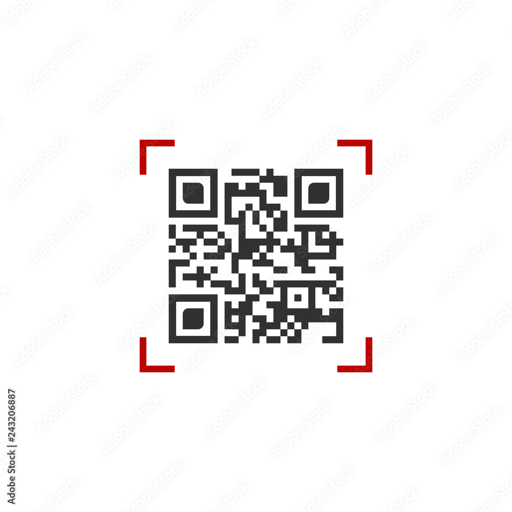 Vector illustration of QR code in red scanning frame. vector illustration isolated on white background. Vector illustration of QR code in red scanning frame. vector illustration isolated on white background.