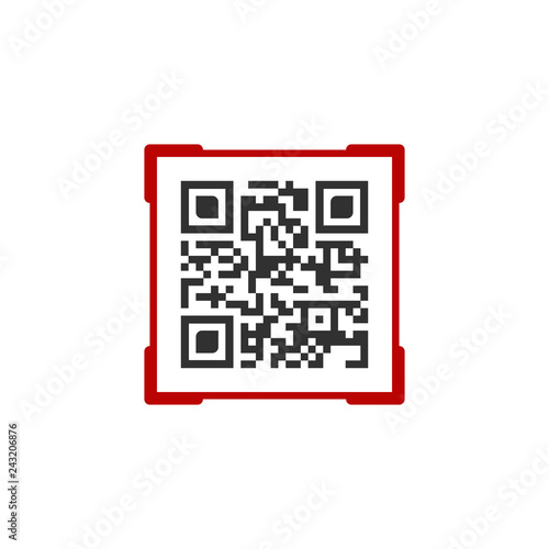 qr code with red frame label contains product information, advertising or e-payment. vector illustration isolated on white background.