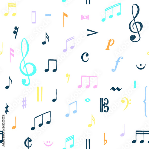 Music notes pattern. Music doodles background. Piano keys. Treble clef. Hand drawn effect vector. G-clef. Scribbles. Audio. Piano. Symphony. Song. Sing. Melody. Classic music.