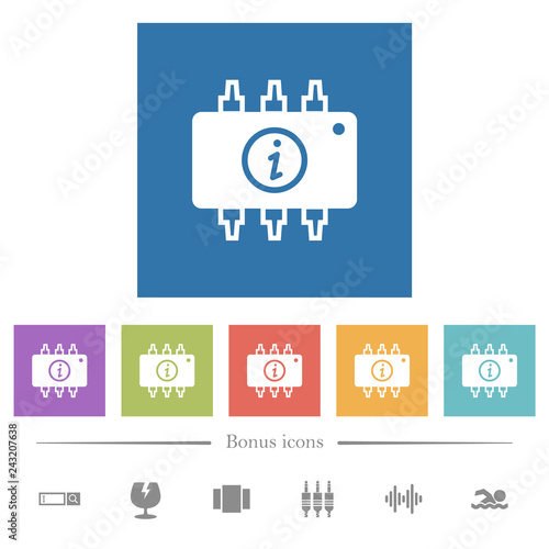 Hardware info flat white icons in square backgrounds