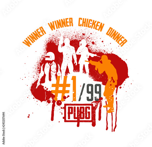 Pubg concept. Squad militarys. Playerunknown’s battlegrounds. battle royale game Pubg, Fortnite. Slogan - Winner winner chicken dinner. Vector illustration grunge style