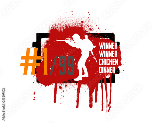 Player in PUBG, concept of games PlayerUnknown’s Battlegrounds, silhouette of military man in style grunge and slogan: winner winner chicken dinner. Vector PUBG, grunge style