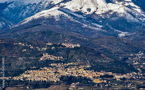 winter panorama of the Italian Alvito village under Marsicani mountain range