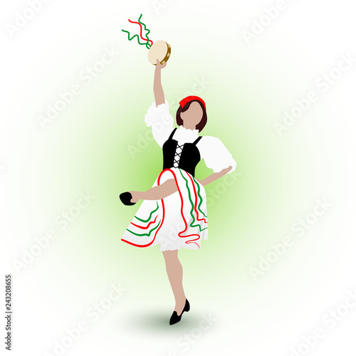 A young girl dressed in a national costume dancing an Italian tarantella with a tambourine