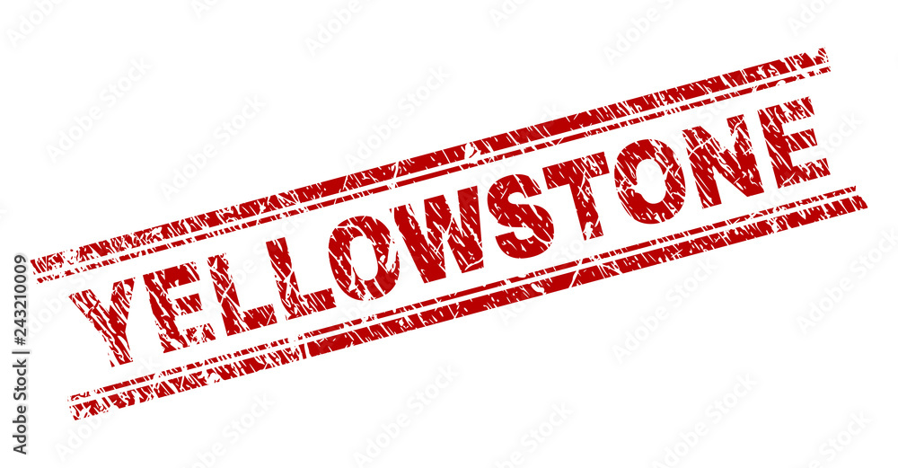YELLOWSTONE seal print with grunge texture. Red vector rubber print of YELLOWSTONE tag with corroded texture. Text tag is placed between double parallel lines. YELLOWSTONE seal print with grunge texture. Red vector rubber print of YELLOWSTONE tag with corroded texture. Text tag is placed between double parallel lines.