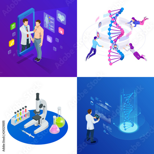 Isometric DNA helix, DNA Analysing concept. Digital blue background. Innovation, medicine, and technology.