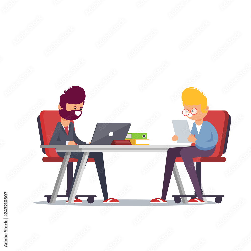 Boss man holding CV or HR manager meeting job applicant man in director office. Employment candidate having job position evaluation interview. Boss man holding CV or HR manager meeting job applicant man in director office. Employment candidate having job position evaluation interview.