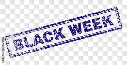 BLACK WEEK stamp seal print with scratched style and double framed rectangle shape. Stamp is placed on a transparent background. Blue vector rubber print of BLACK WEEK text with grunge texture.
