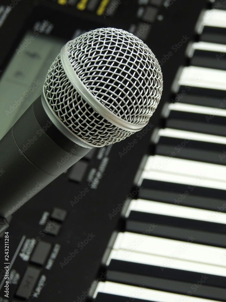 Close-up of a dynamic handheld vocal microphone. On the blurred background, a digital keyboard. Close-up of a dynamic handheld vocal microphone. On the blurred background, a digital keyboard.