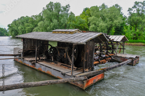 Unique traditional boat mill on a river