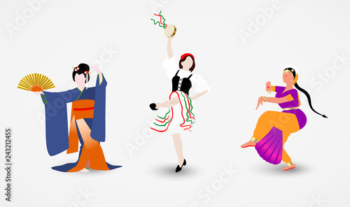Set of illustrations of women of different races dressed in national costumes dancing the folk dances of their countries