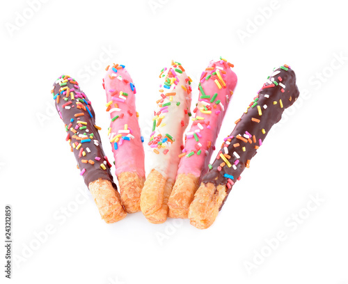 colorful chocolate in bread stick isolated on white background